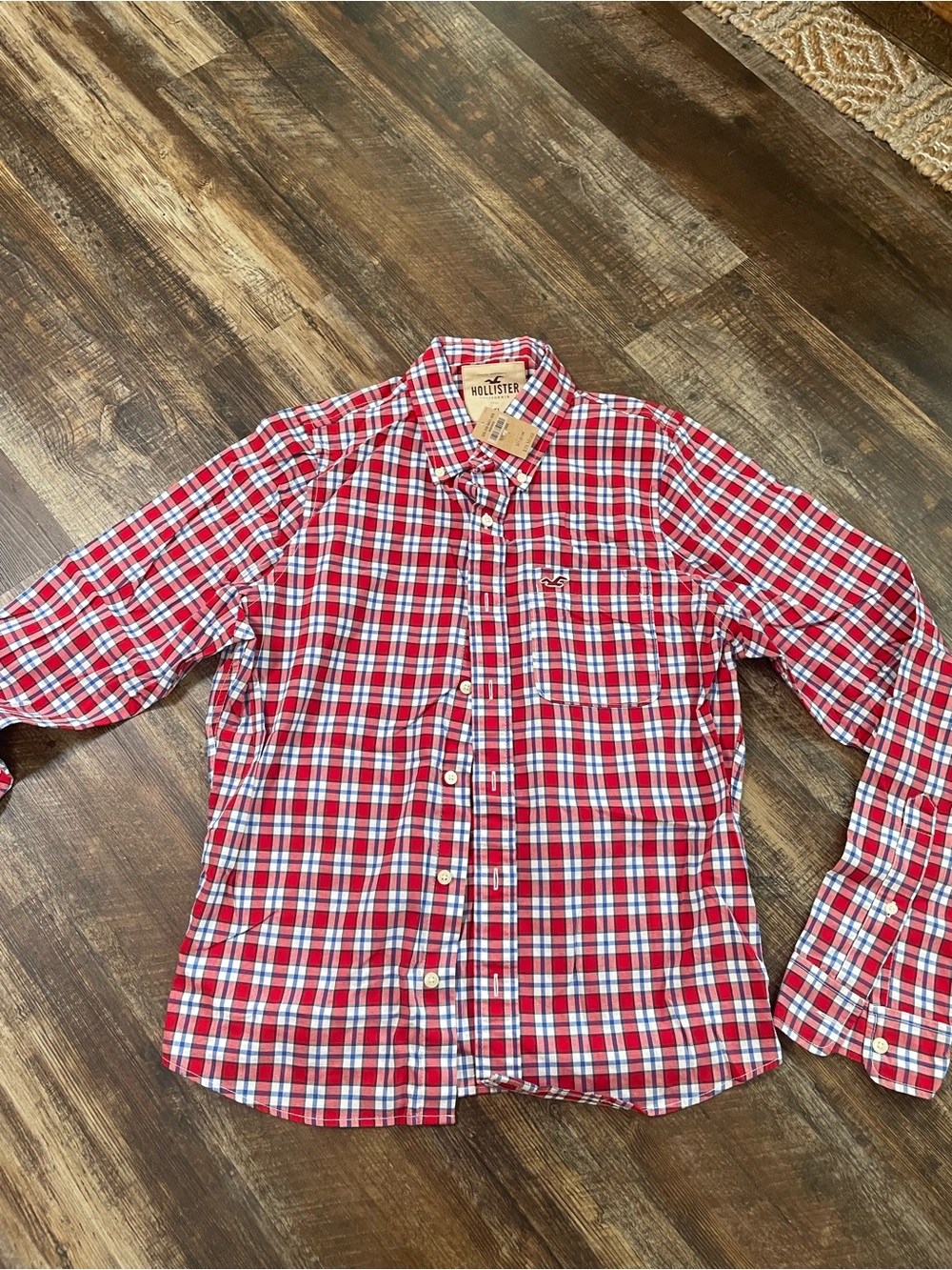 Hollister Men’s Red White and Blue Plaid Button-Down Shirt